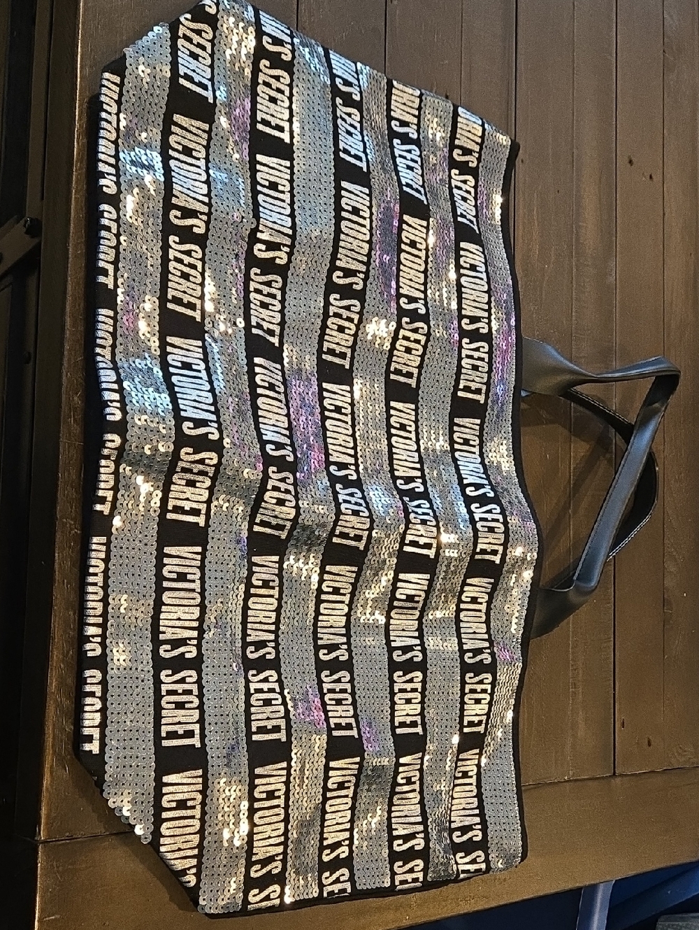 Victoria's Secret Silver Sequin Logo Stripe Tote